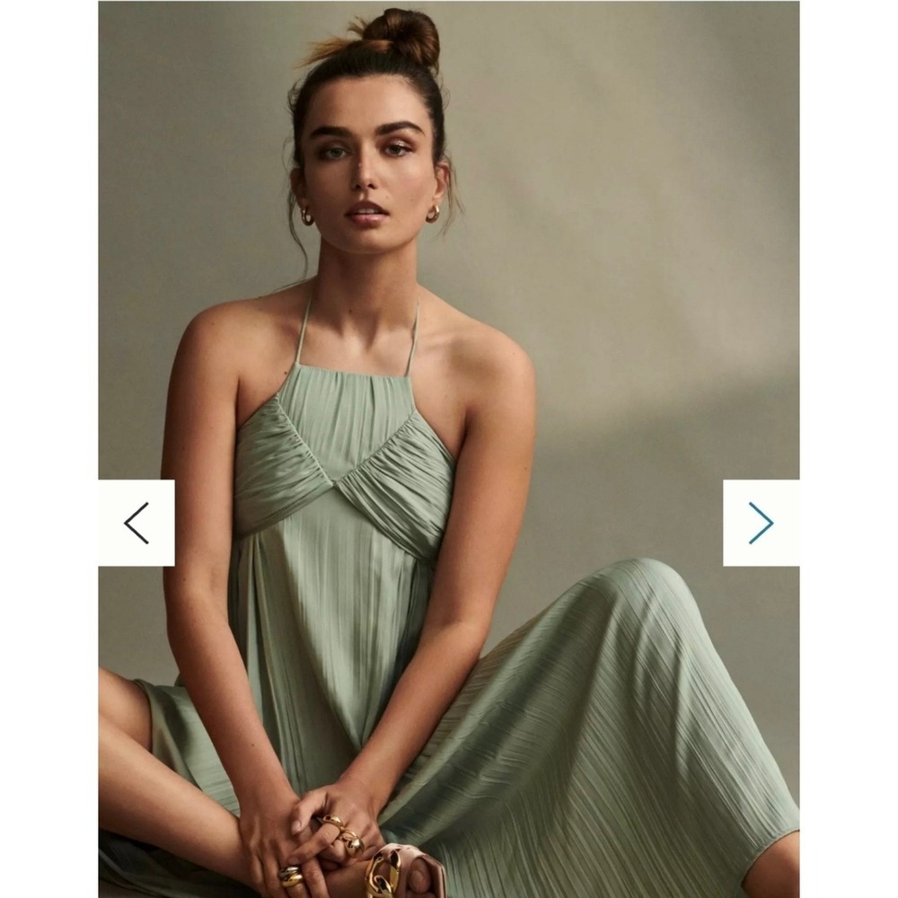 Anthropologie Sage Green Plisse Halter Maxi Dress Gathered Cutout Back sz L